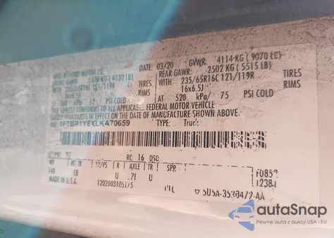 2020 Ford Transit-250 T-250 из США, поврежденный, VIN 1FTBR1Y8XLKA70659